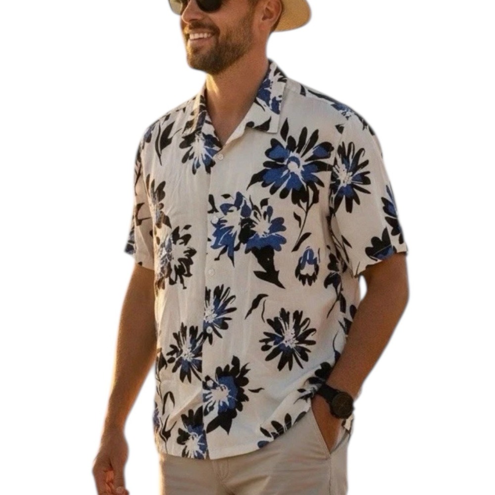 ZARA Floral Blue White Sz XL Silky Hawaiian Shirt Button Cruise Vacation Wear